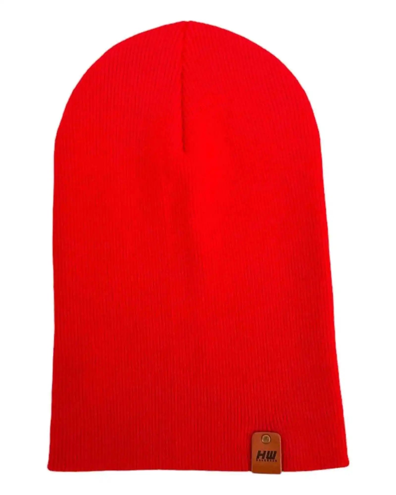 Scarlet knit beanie with tan logo patch and turn-up cuff
