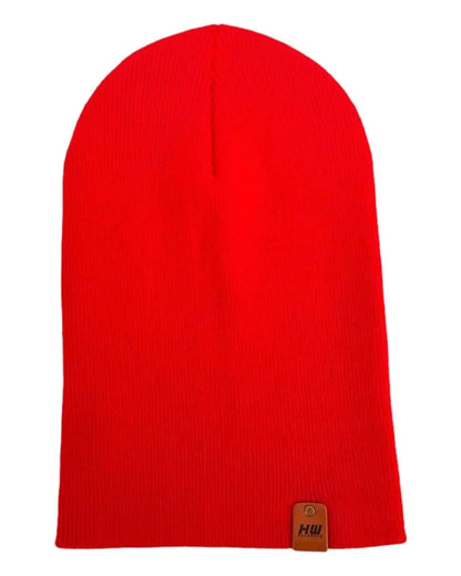 Scarlet knit beanie with tan logo patch and turn-up cuff