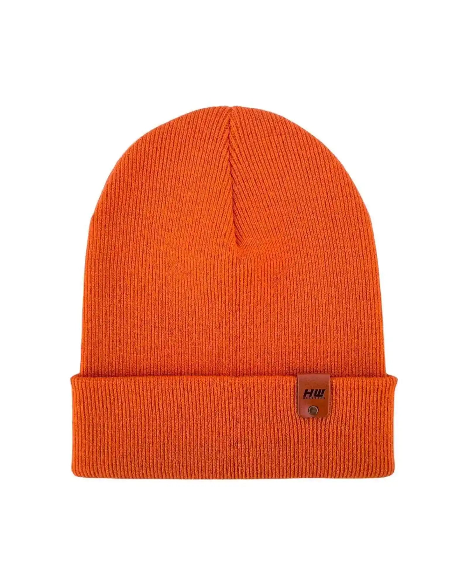 Orange knit cuffed beanie with small front patch logo