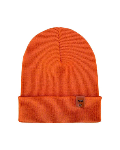 Orange knit cuffed beanie with small front patch logo