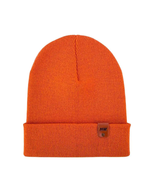 Orange knit cuffed beanie with small front patch logo