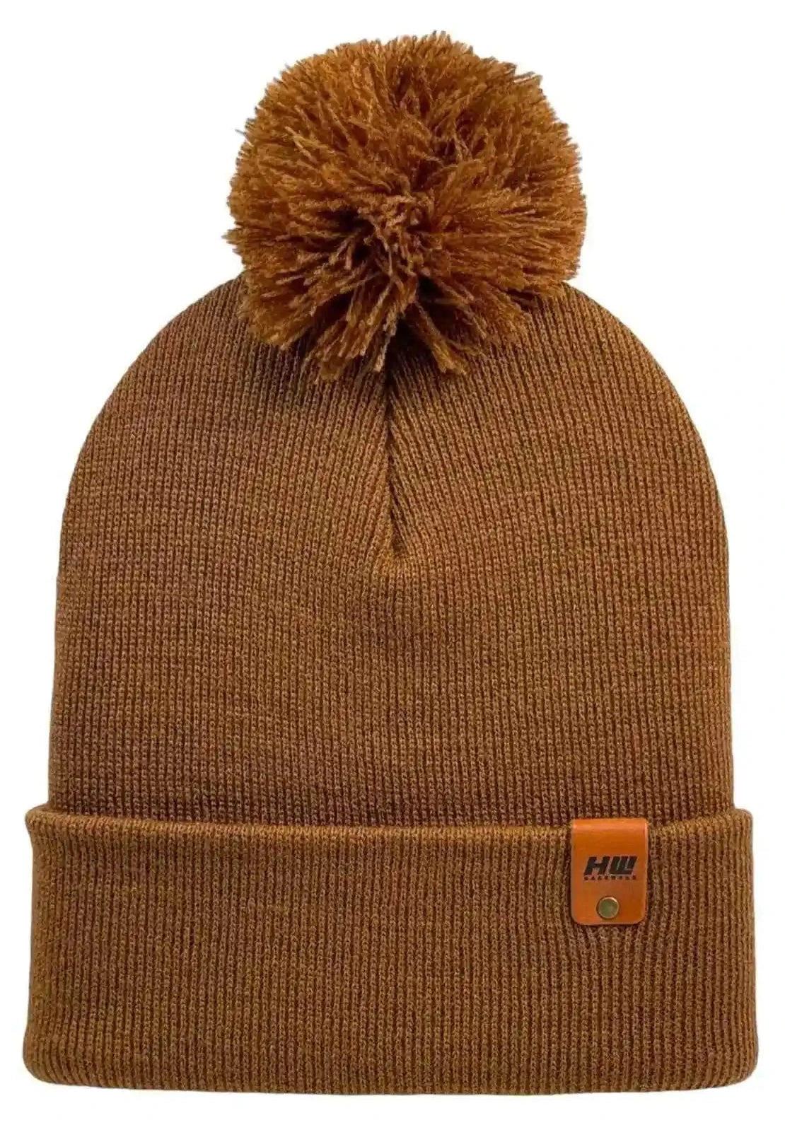 Camel brown cuffed pom pom beanie hat with folded cuff and logo patch