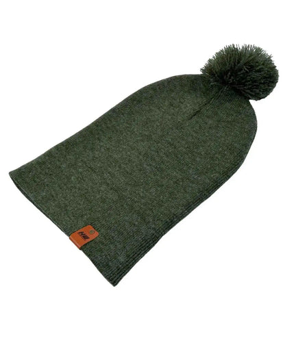Forest green knit beanie with pom pom and cuff, orange logo patch