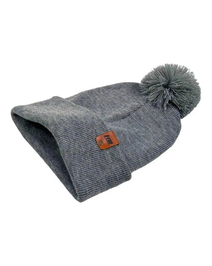 Gray cuffed beanie, rolled edge, with large pom pom and orange logo patch