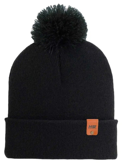 Black knit beanie with pom-pom, ribbed cuff, orange logo patch