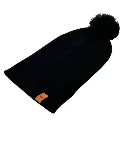 Midnight black knit beanie with cuff, pom pom top, orange logo patch