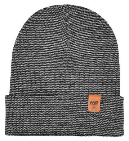 Black and gray knitted cuffed beanie with stitched patch logo on cuff