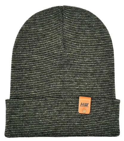 Cuffed knit beanie in dark fusion black and green with HU orange logo patch