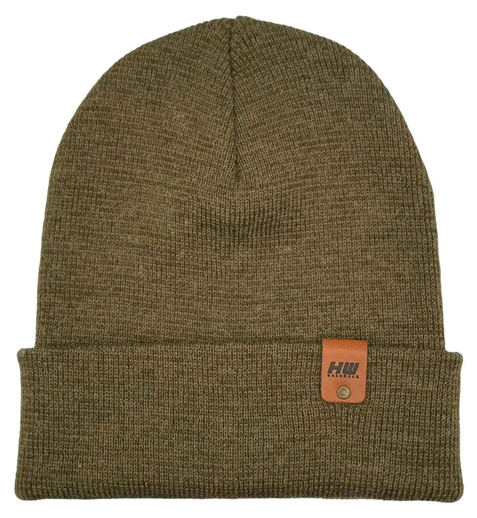 Cuffed knit beanie in brown-green fusion with logo leather patch