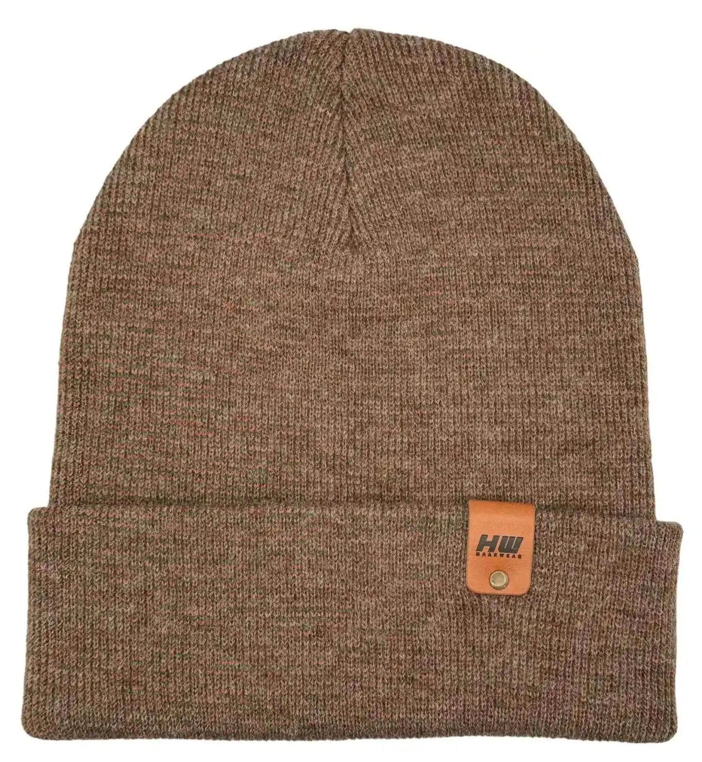 Brown cuffed knit beanie with rectangular logo patch