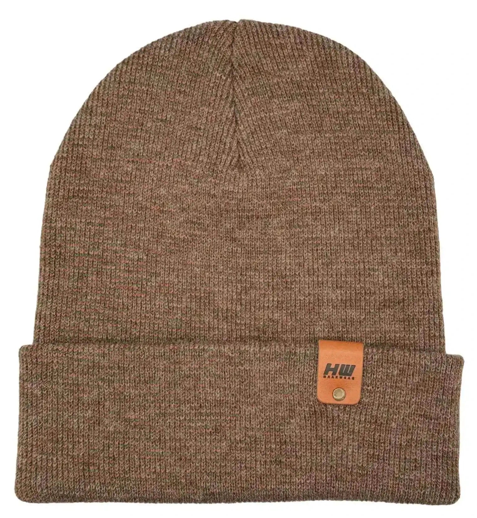 Brown cuffed knit beanie with rectangular logo patch
