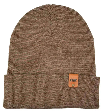 Brown cuffed knit beanie with rectangular logo patch