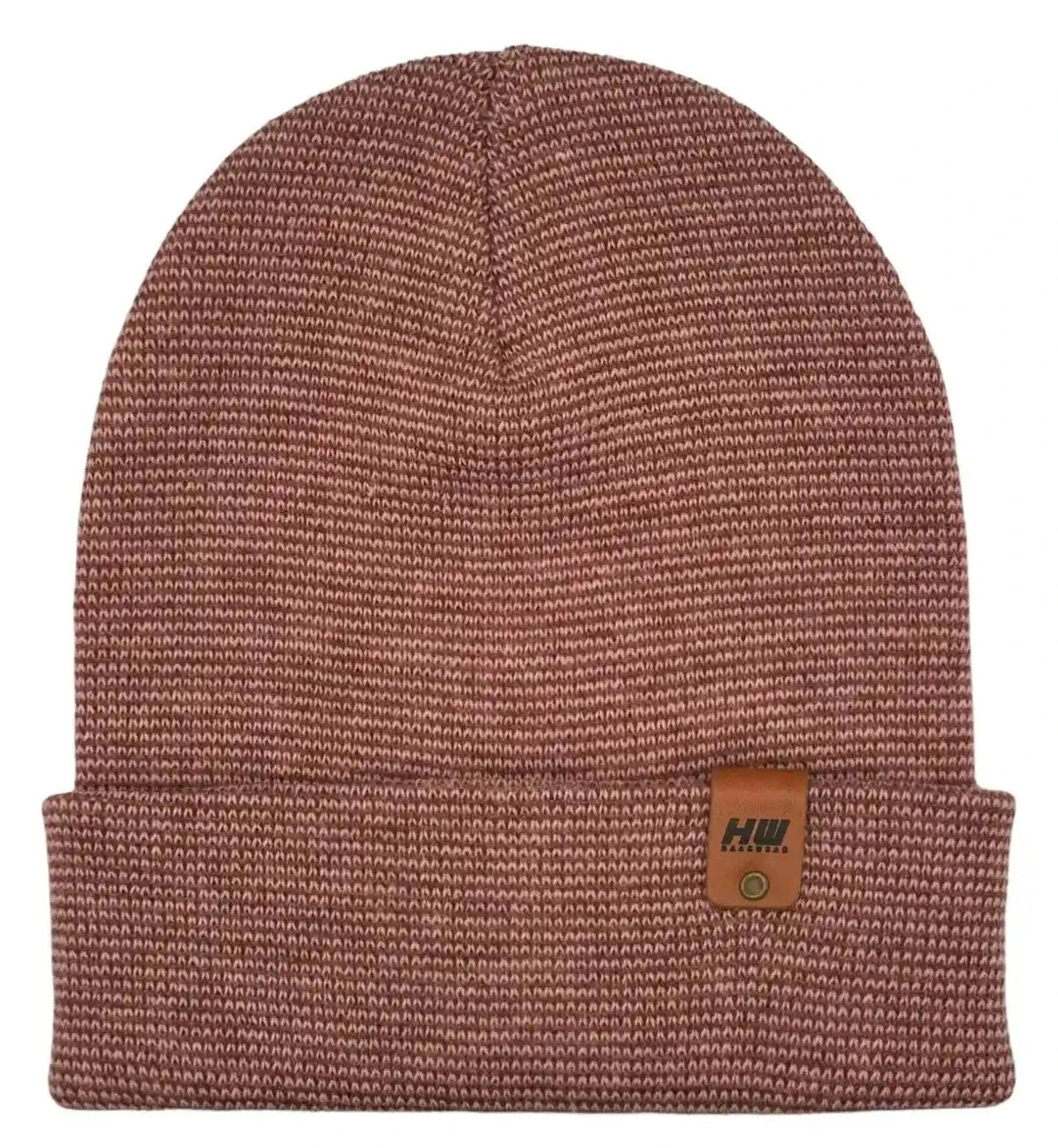 Burgundy and pink knit cuffed beanie with folded brim and logo patch