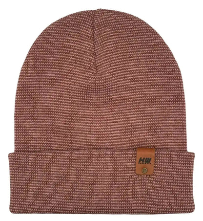 Burgundy and pink knit cuffed beanie with folded brim and logo patch