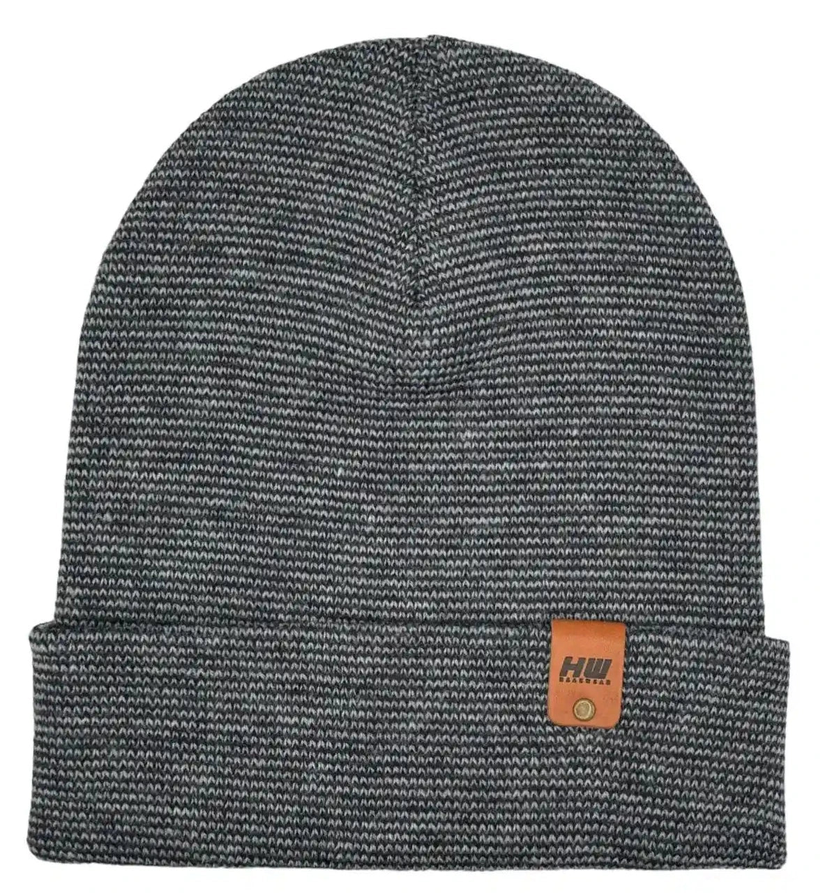 Gray knit cuffed beanie with small logo patch