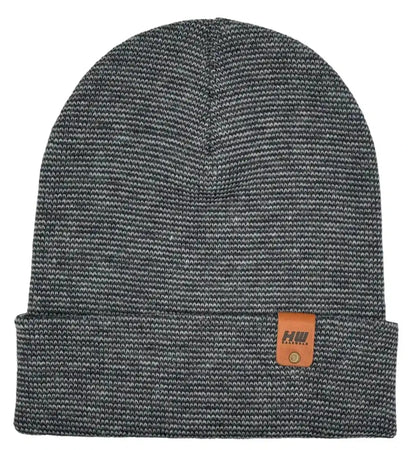 Gray knit cuffed beanie with small logo patch