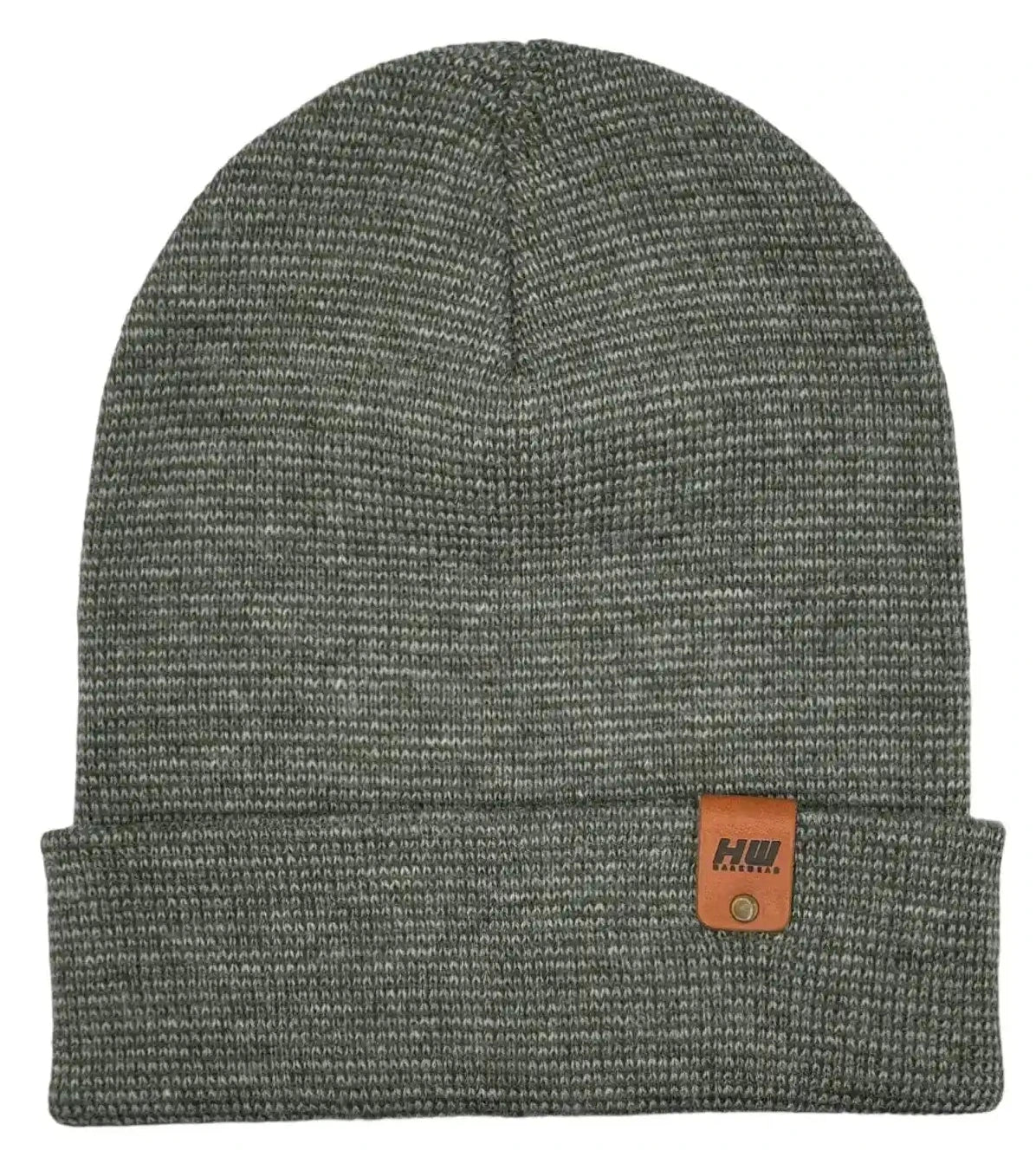 Gray-green knitted beanie with folded cuff and logo patch