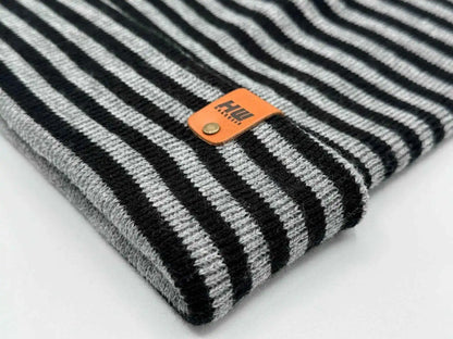 Striped knit cuff beanie with orange logo leather patch