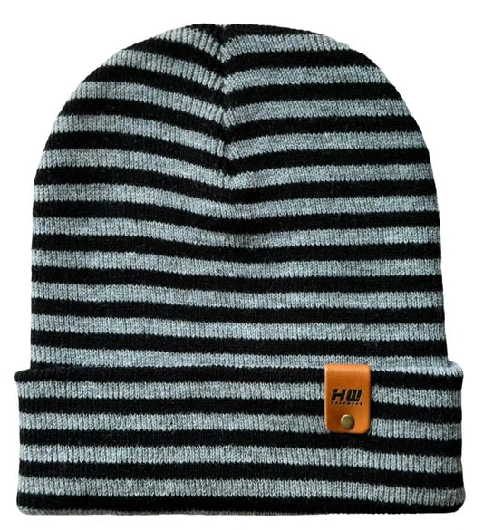 Ribbed cuff beanie with black and gray striped knit, small leather RORO patch