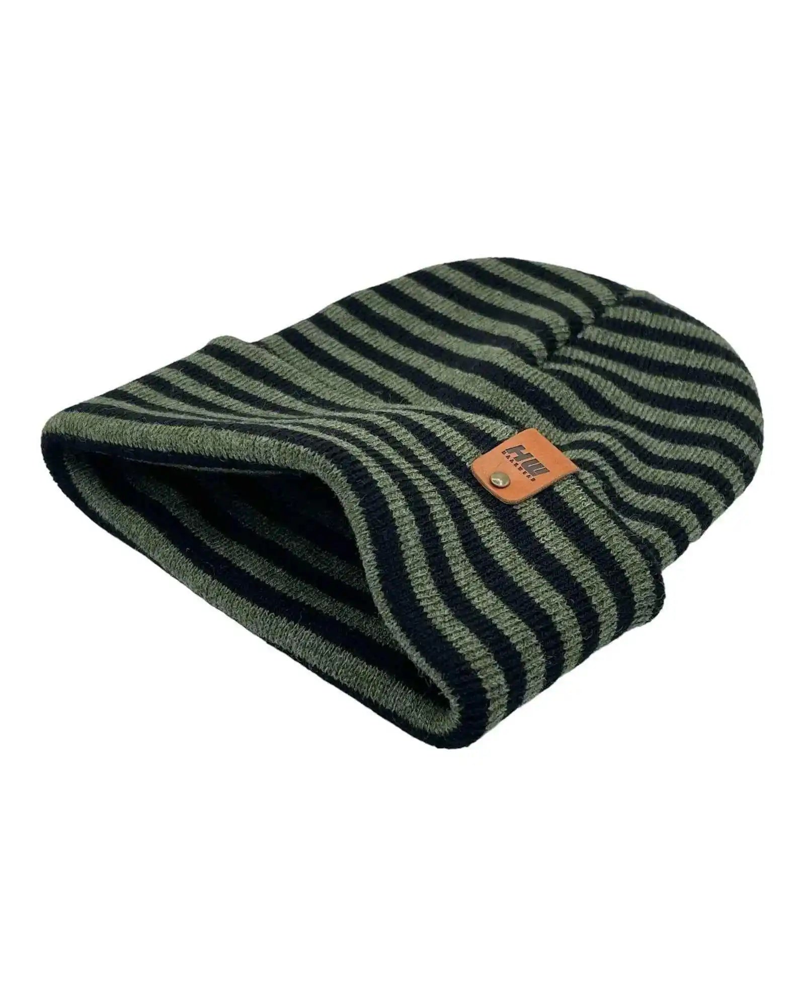 Folded cuff beanie in black and green striped knit with orange logo patch