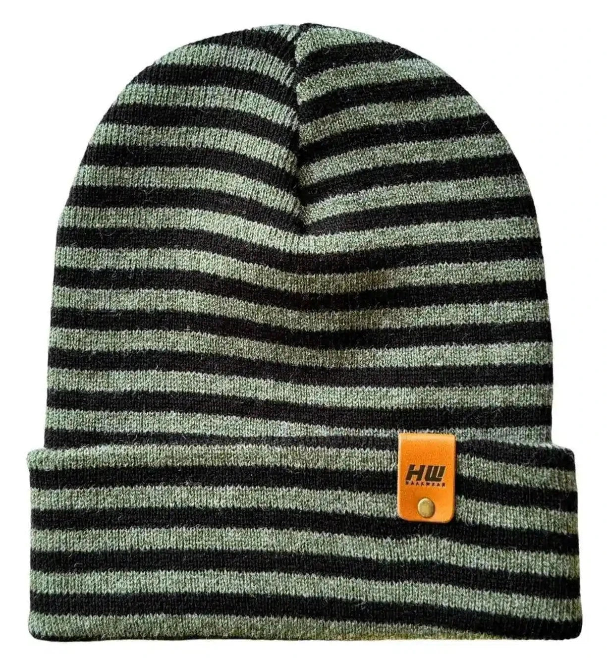 Cuffed beanie in black and green knit stripes with orange logo patch