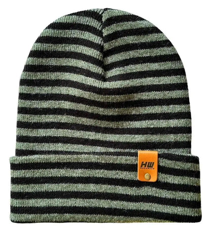 Cuffed beanie in black and green knit stripes with orange logo patch