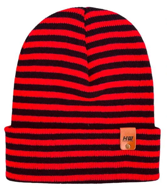 Classic RoRo cuffed beanie in black and red striped knit with cuff and leather-look patch