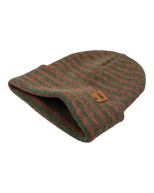 Folded cuffed beanie with burgundy and green stripes and small orange brand tag