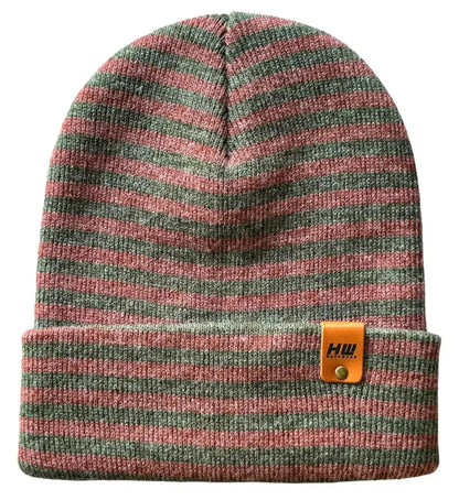 Striped knit cuffed beanie in burgundy and green with small front patch