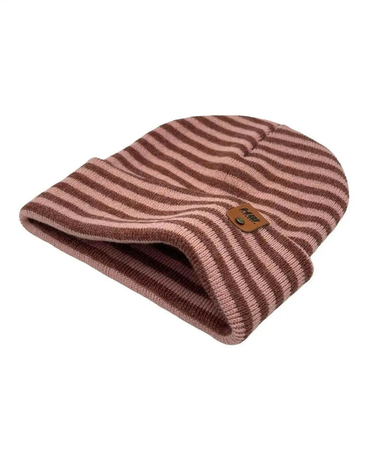 Striped cuffed beanie hat folded, burgundy and light pink stripes, logo patch