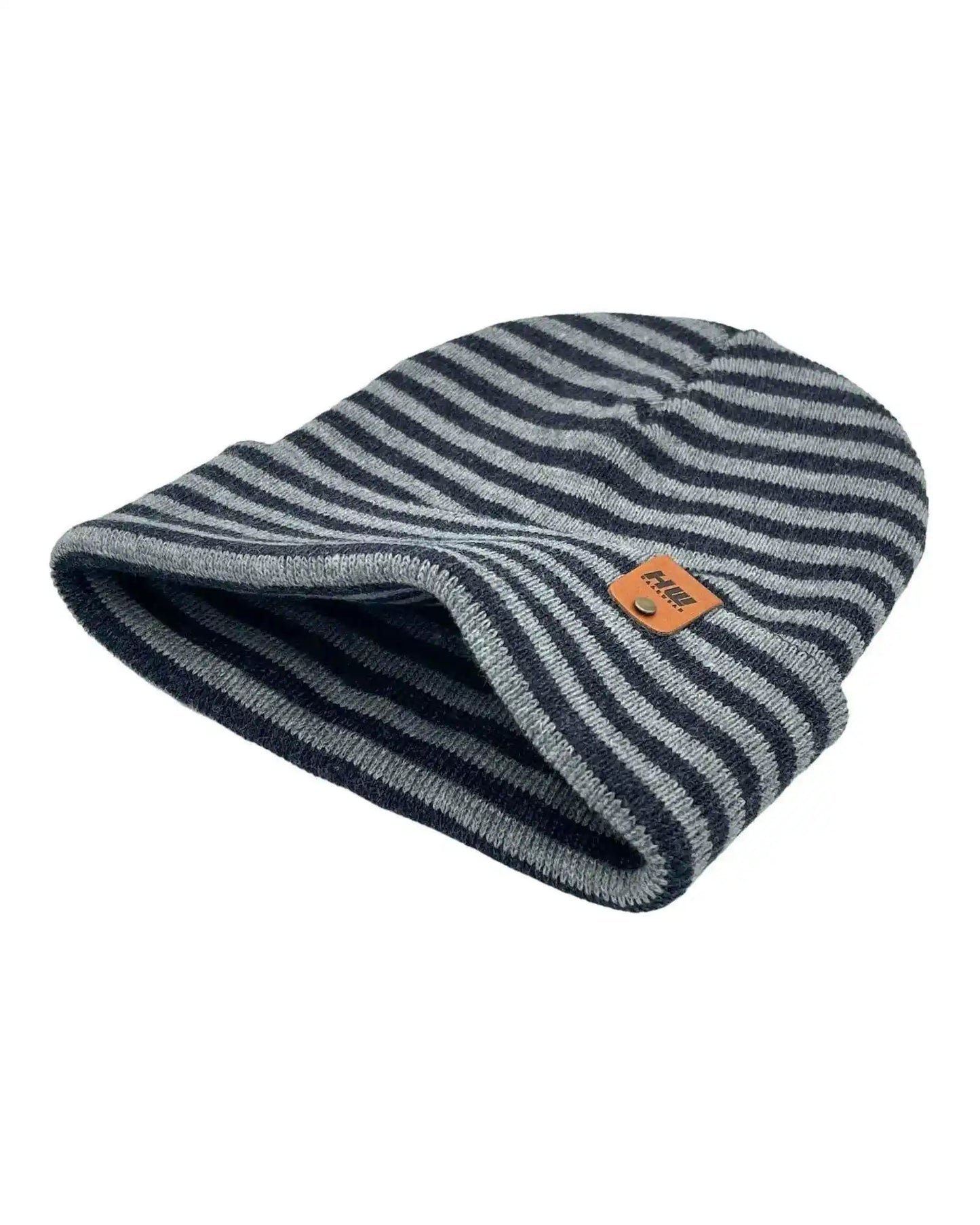 Striped knit beanie with folded cuff, gray and denim blue