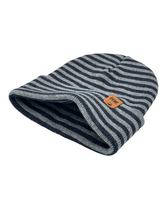 Striped knit beanie with folded cuff, gray and denim blue