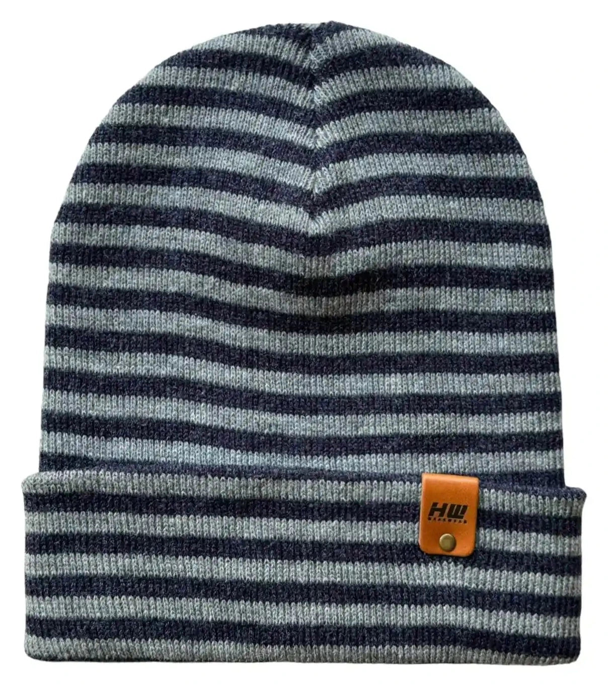 Cuffed striped beanie in gray and dark blue knit with small leather patch