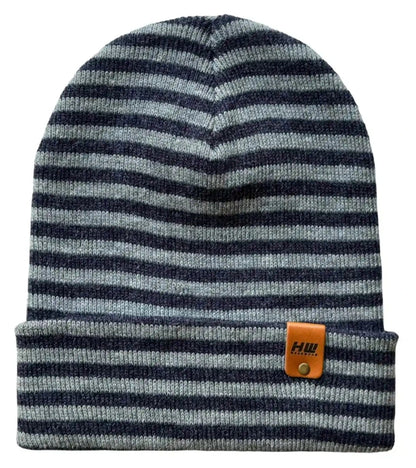 Cuffed striped beanie in gray and dark blue knit with small leather patch