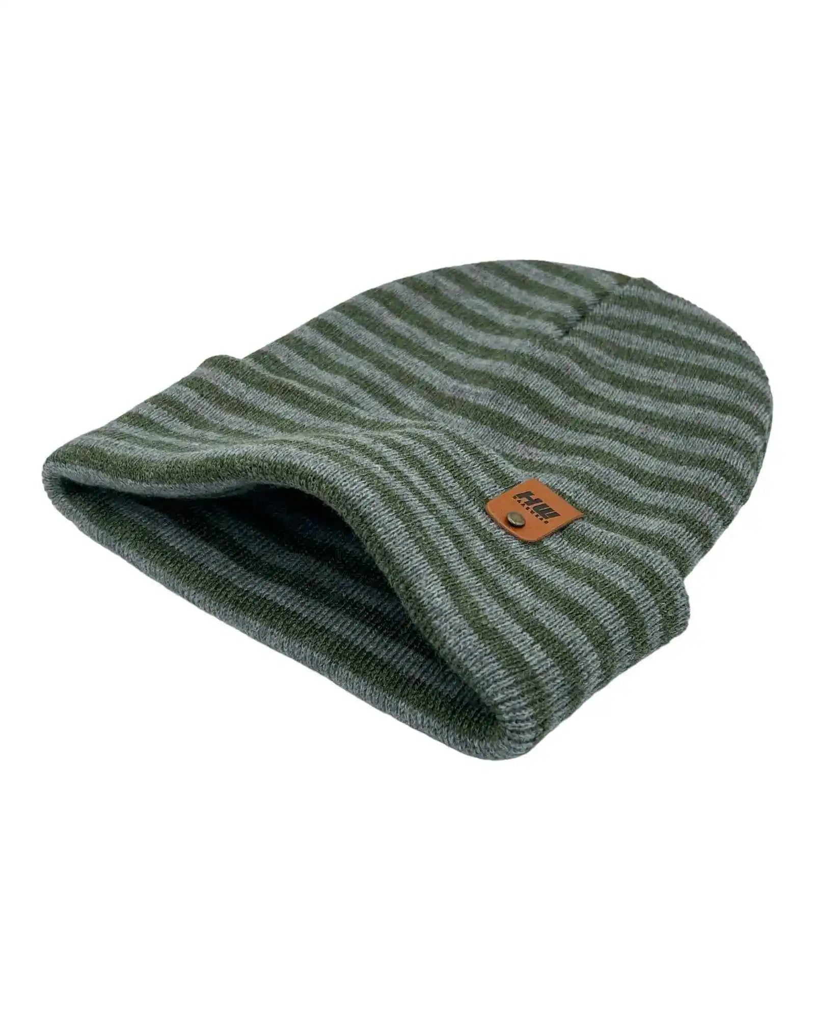 Green striped knit beanie folded down with orange brand patch on side