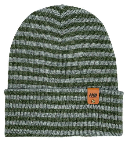 Gray and green striped cuffed beanie with logo patch