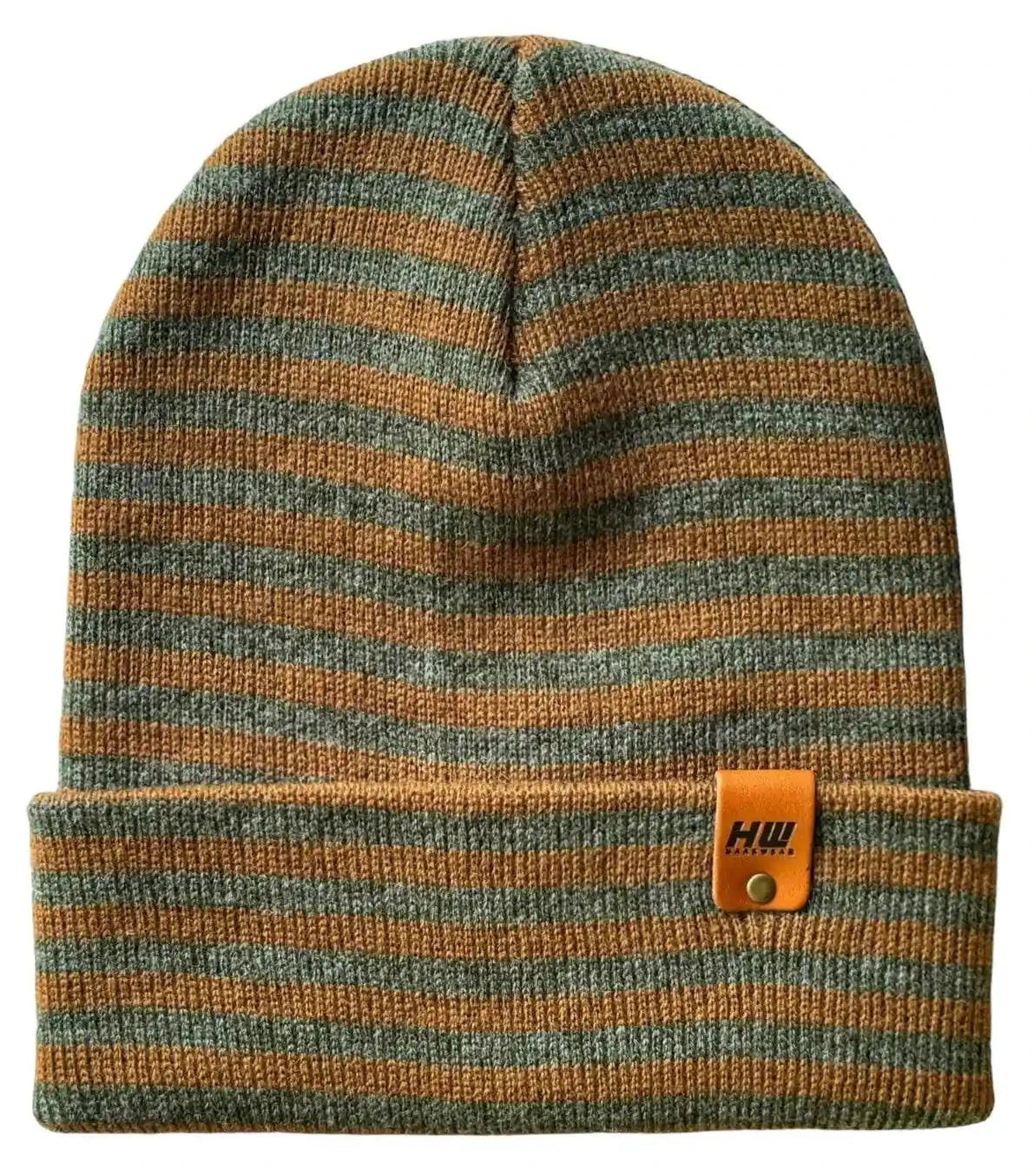 Striped cuffed knit beanie in green and brown with logo patch at cuff