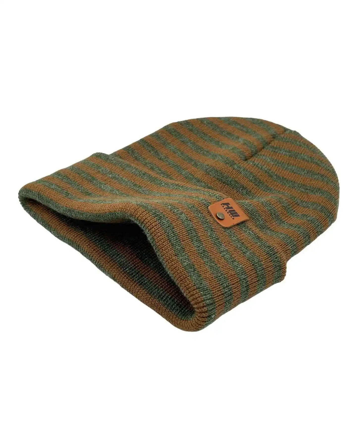 Green and brown striped cuff beanie, folded slouch with leather brand patch
