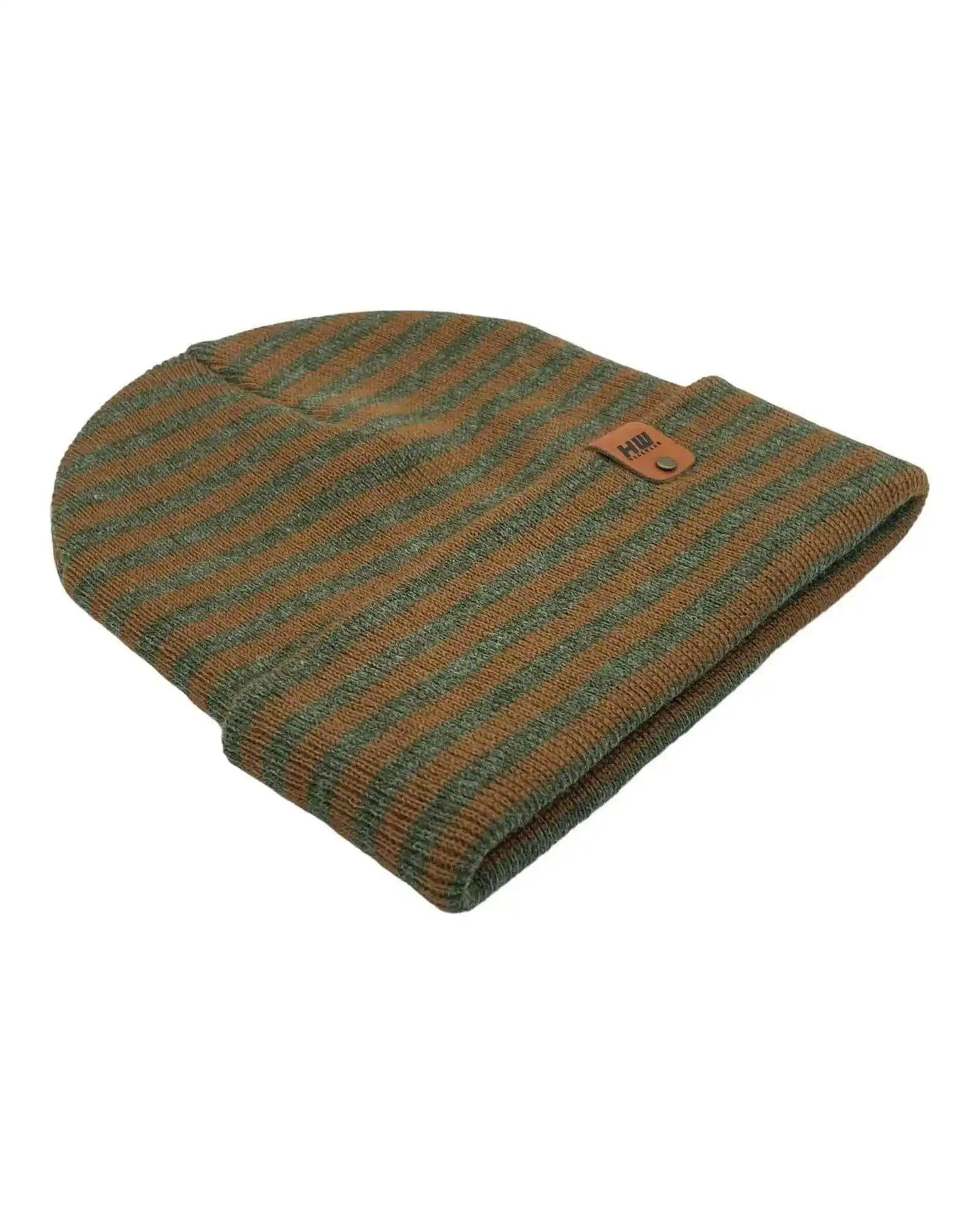 Green and brown striped knit beanie with leather brand patch on cuff