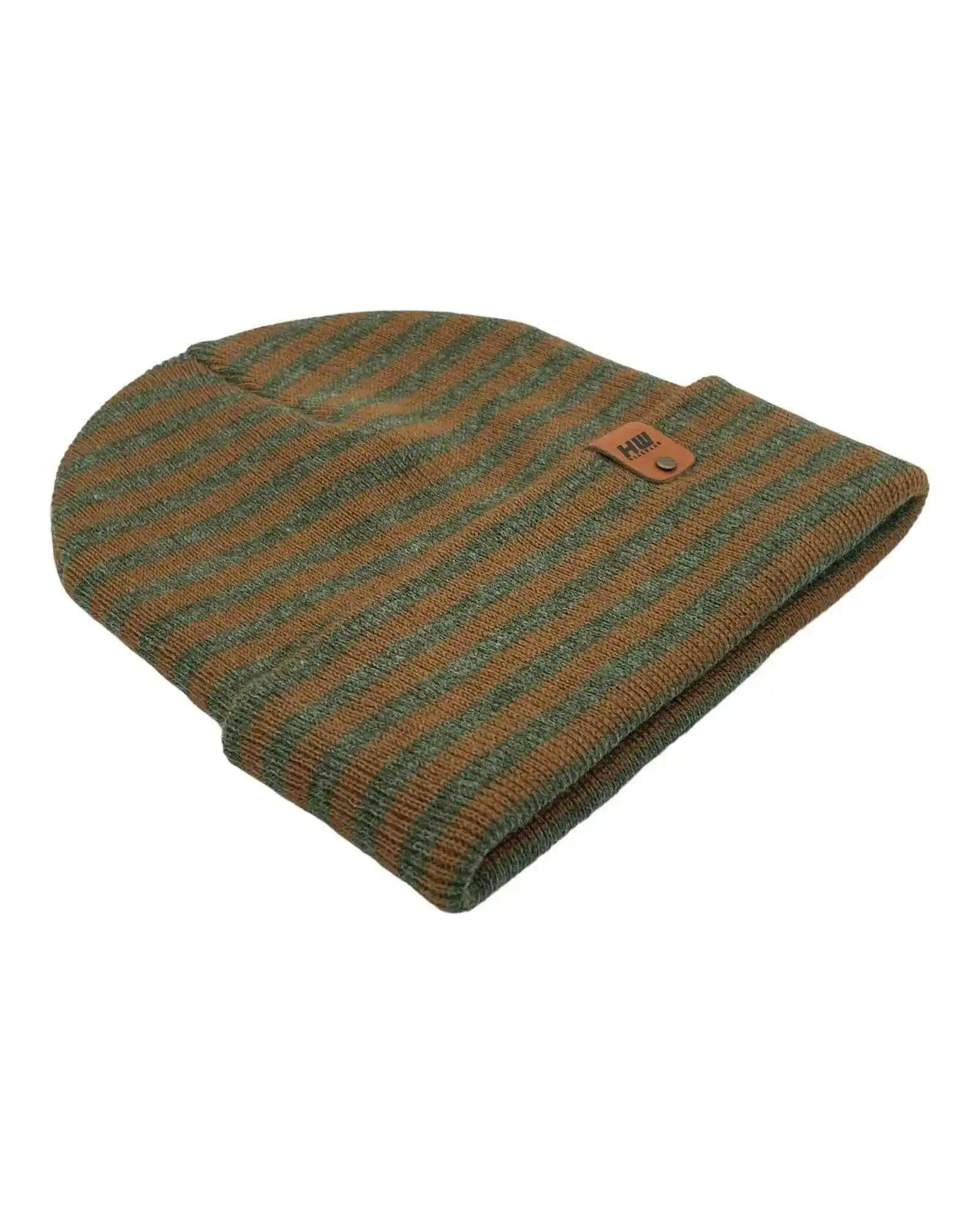 Green and brown striped knit beanie with leather brand patch on cuff