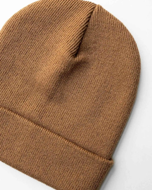 Camel brown knit beanie with folded cuff, side profile