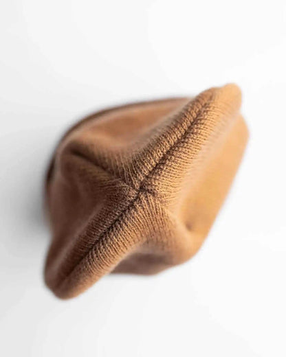 Camel brown knit beanie with small top crease
