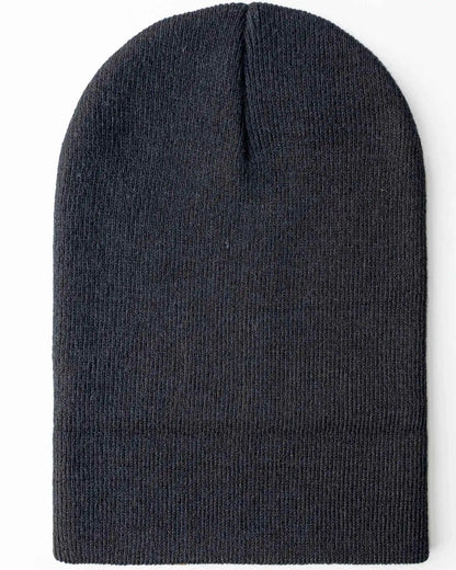 Charcoal black ribbed knit beanie with folded cuff, straight profile