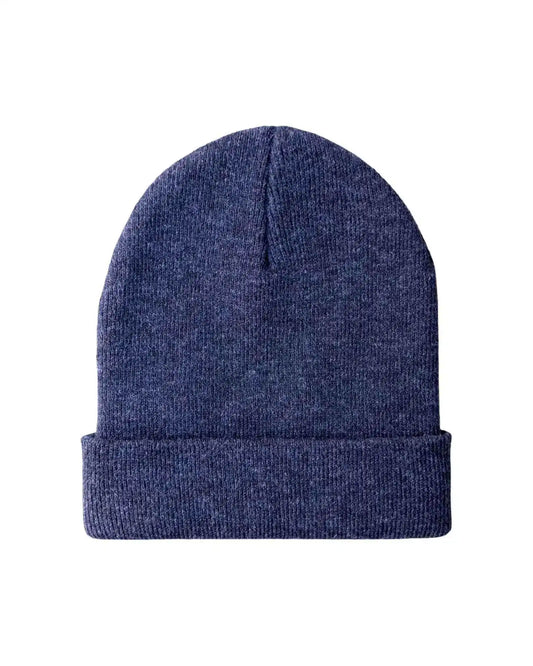 Denim blue knit beanie with folded cuff, tall crown and center seam detail