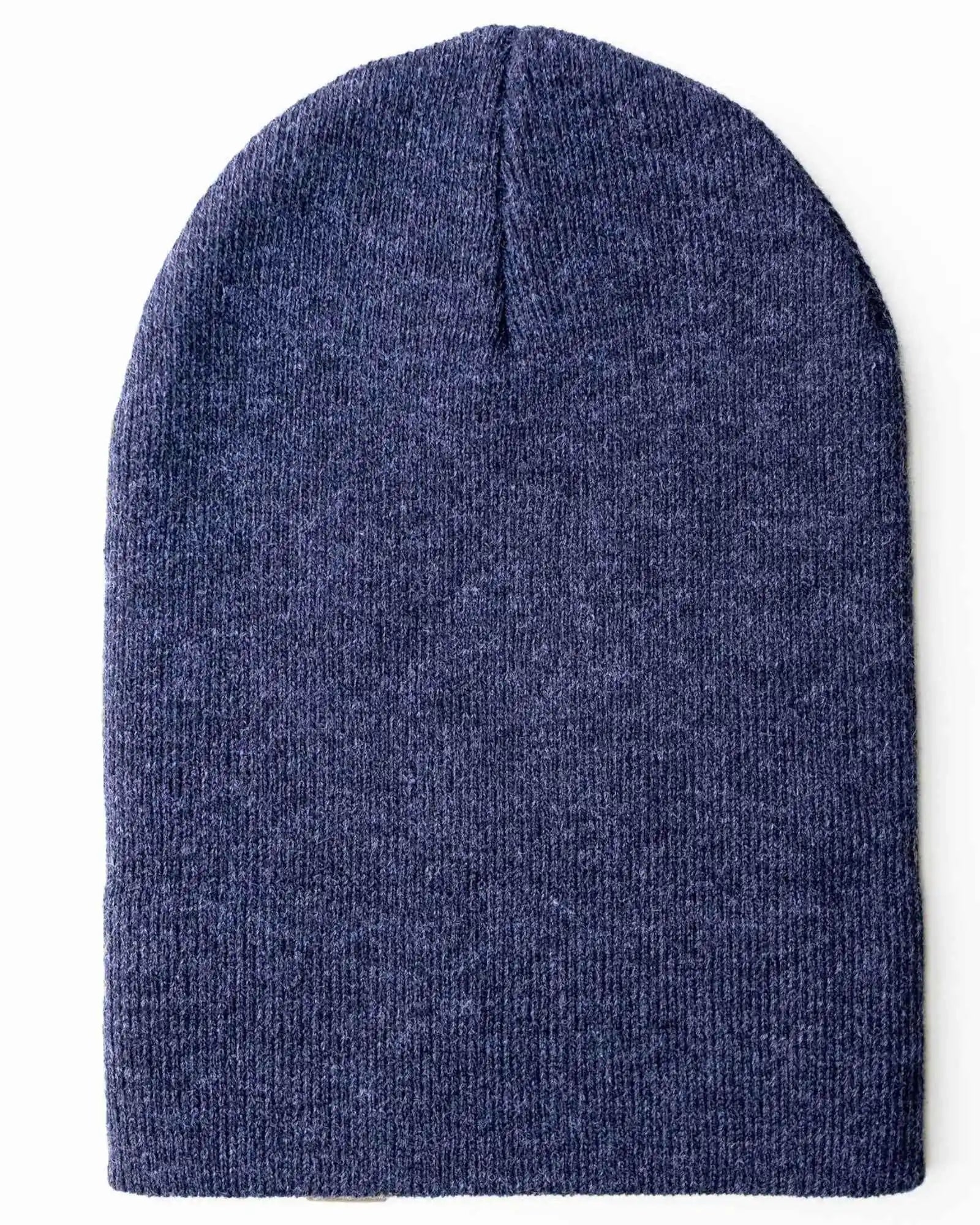 Denim blue cuffed knit beanie, smooth fabric with center seam