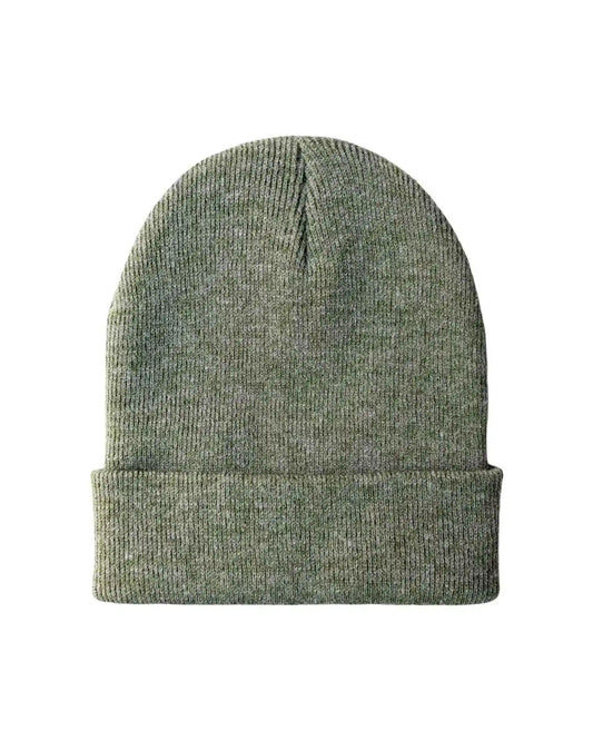 Forest green knit beanie with folded cuff and ribbed texture