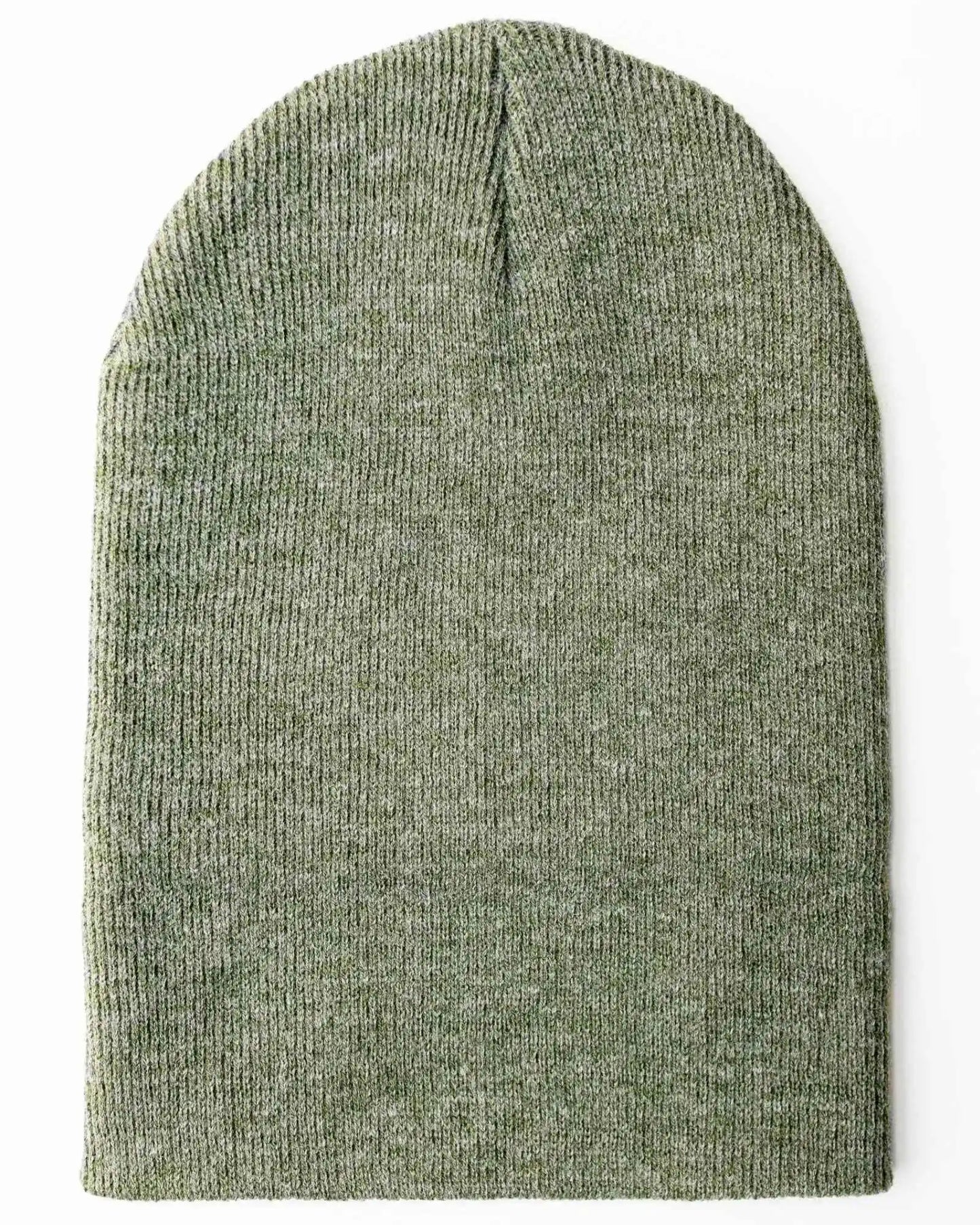 Forest green rib-knit beanie with tall crown and snug fit