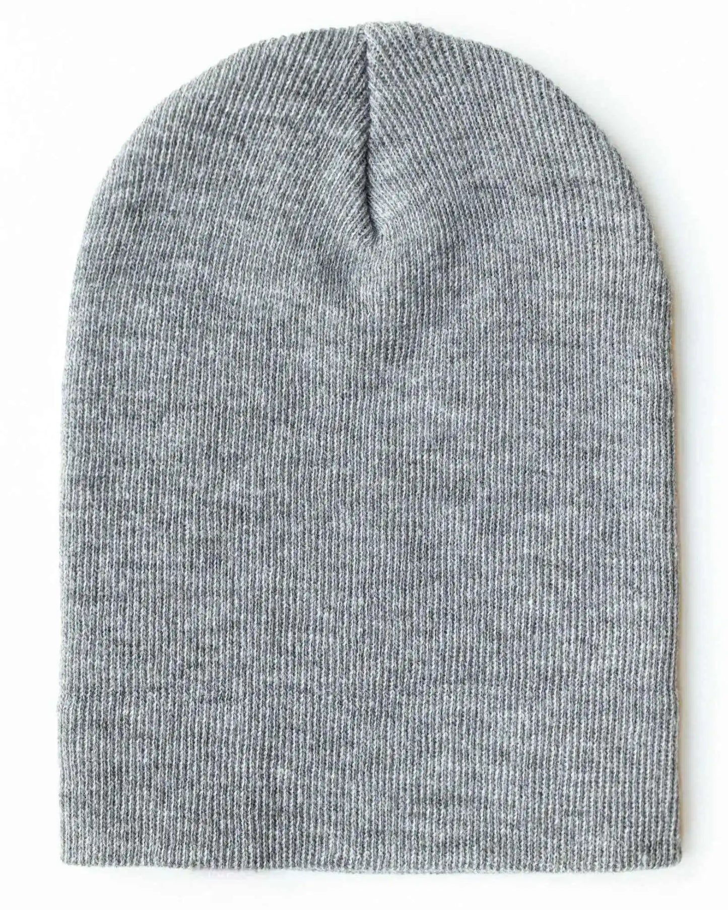 Gray knit beanie with folded cuff and smooth crown seam