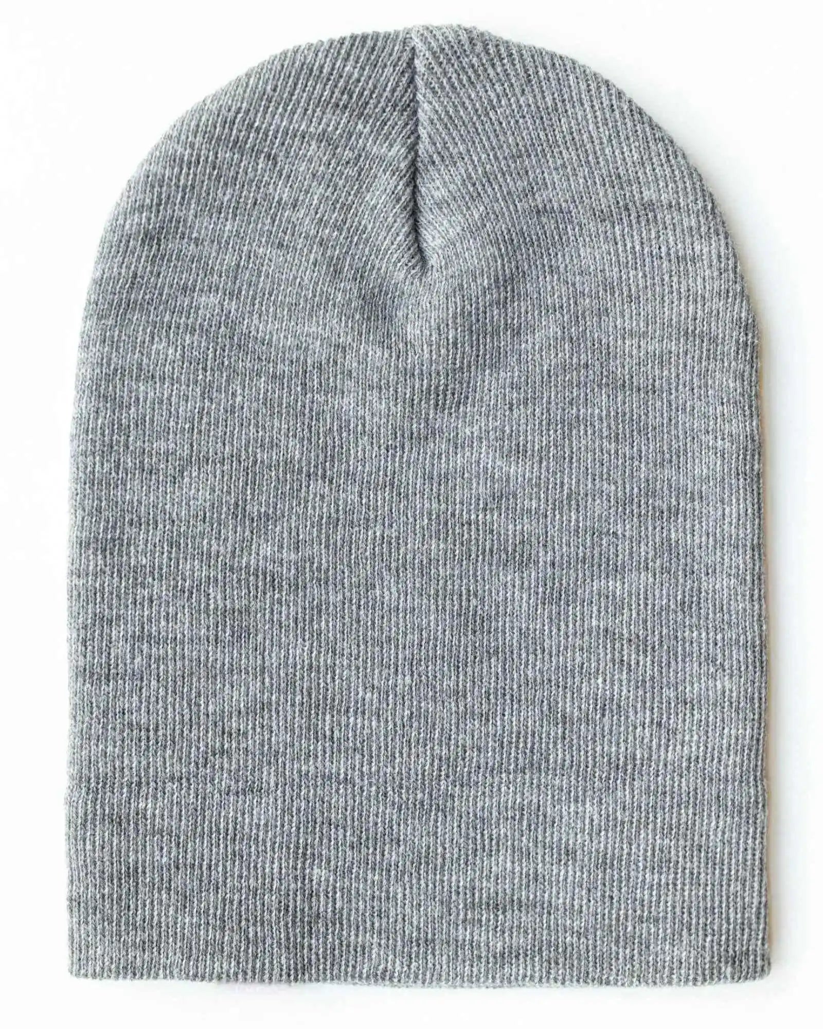 Gray knit beanie with folded cuff and smooth crown seam