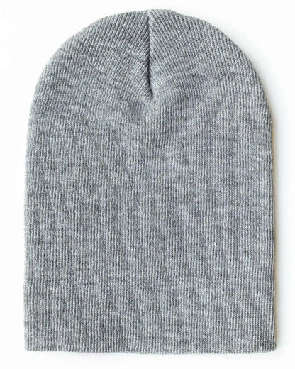 Gray knit beanie with folded cuff and smooth crown seam